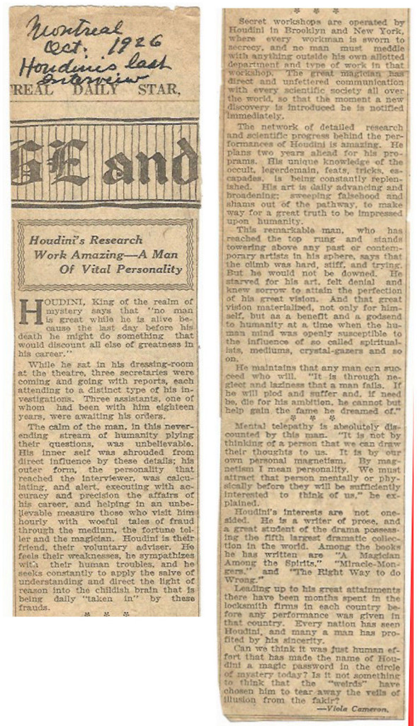 Houdini Last Newspaper Interview October 1926 Montreal Daily Star