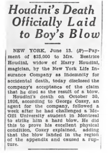 June 13 1927 HH DEATH CAUSED BY BLOW